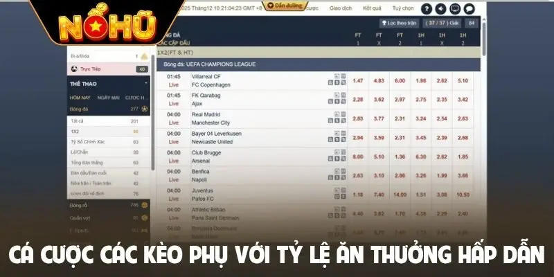 Cá cược các kèo phụ với tỷ lệ ăn thưởng hấp dẫn